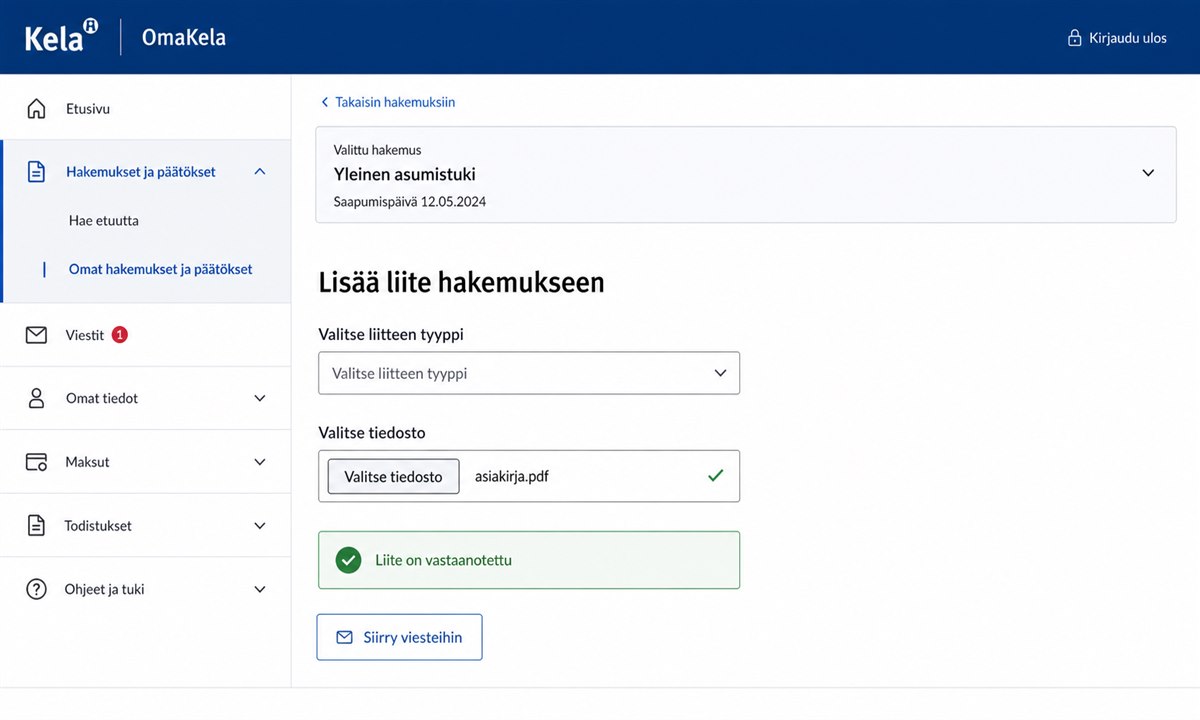 OmaKelassa liitteen lisääminen hakemukseen