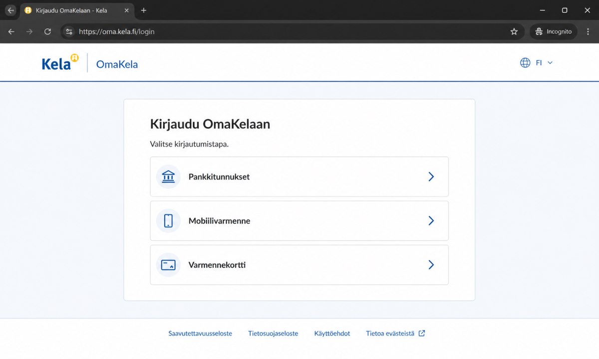 OmaKela-sovelluksen kirjautumissivu, jossa valitaan pankkitunnistautuminen