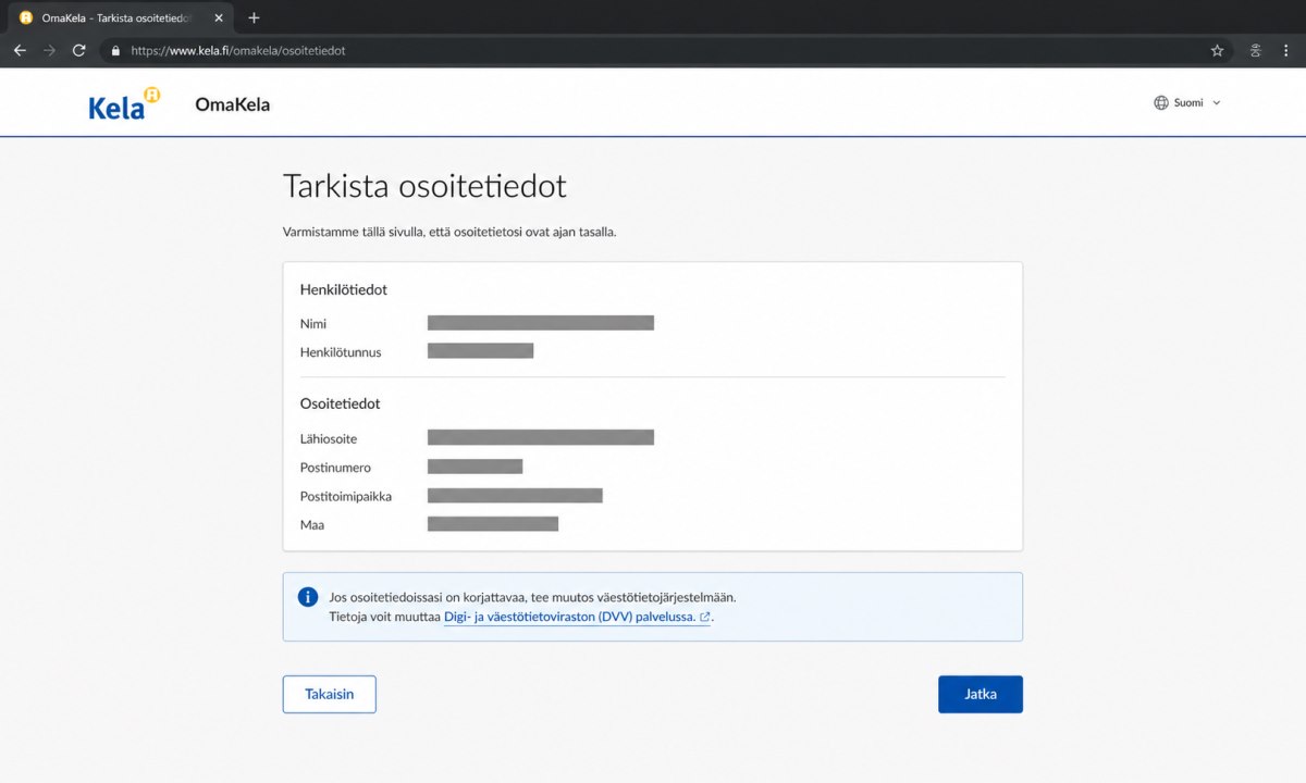 OmaKela-lomake, jossa näkyy osoitetietojen tarkistusosio