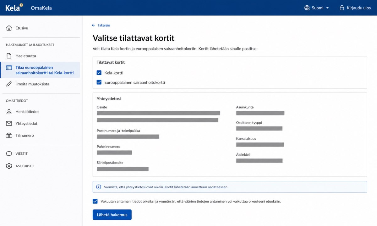 OmaKela-lomake, jossa valitaan Kela-kortti ja EHIC-kortti tilattaviksi