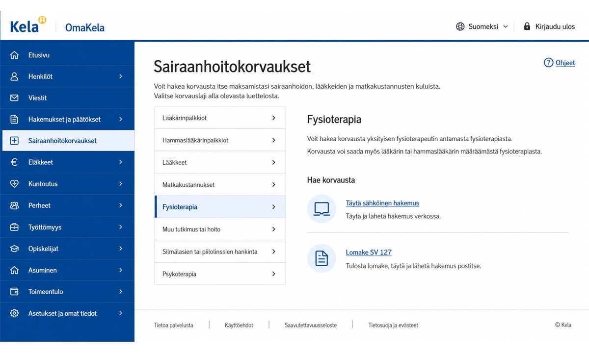 OmaKela sairaanhoito-valikko ja fysioterapian hakemus