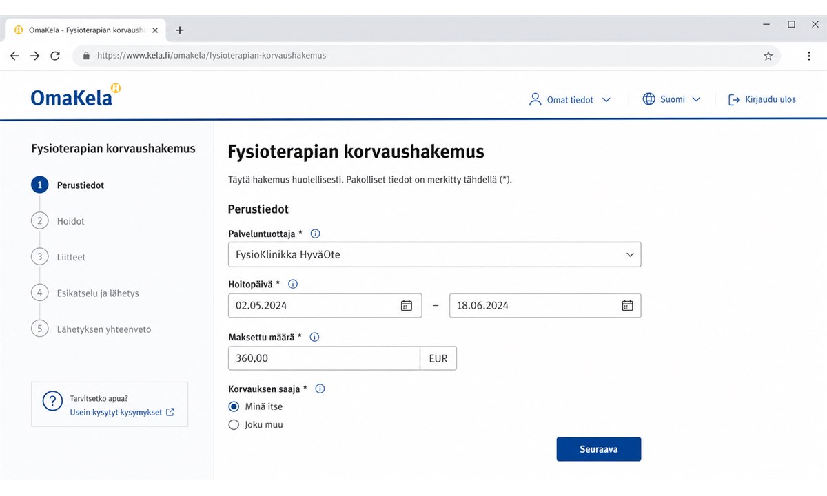 Fysioterapian hakulomake täytettynä Kelan sivustolla