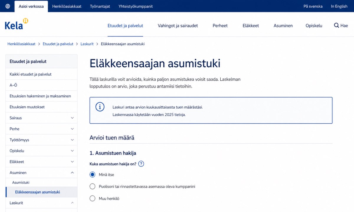 Kelan verkkosivujen navigaatio eläkkeensaajan asumistuki laskuriin