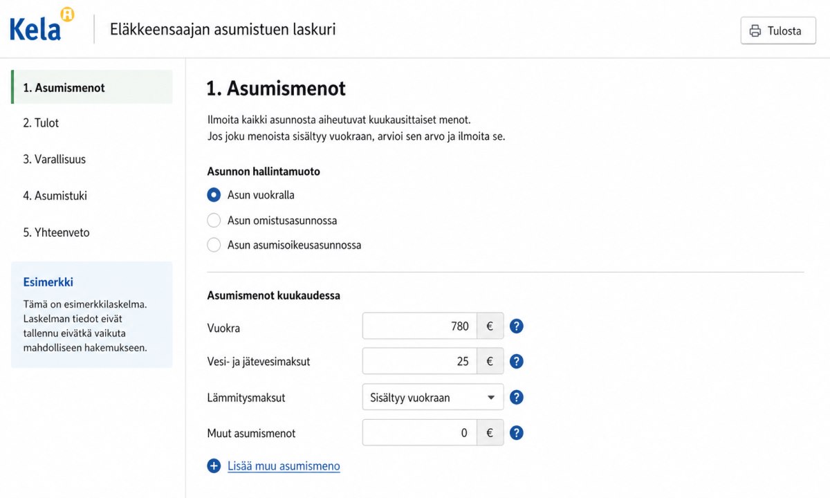 Asumismenojen syöttäminen Kela laskuriin