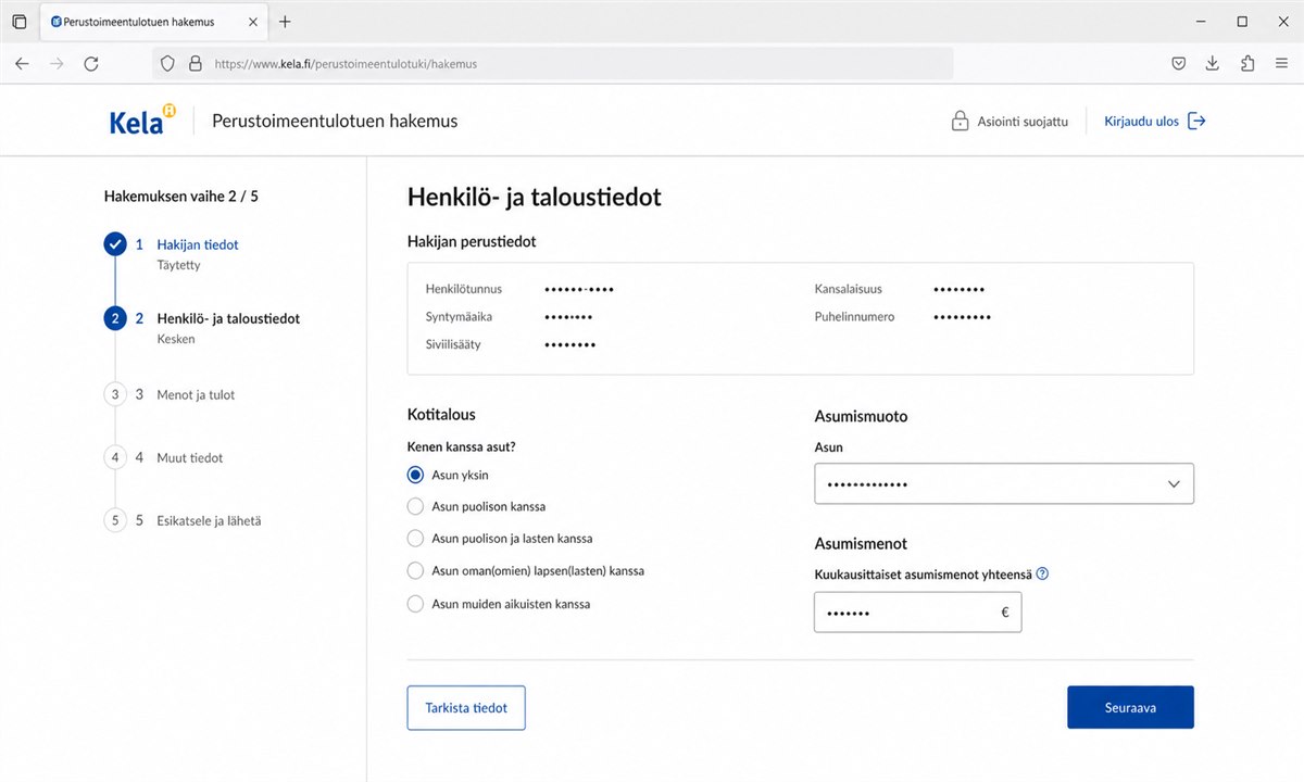 Toimeentulotuki lomakkeen henkilö- ja taloustiedot