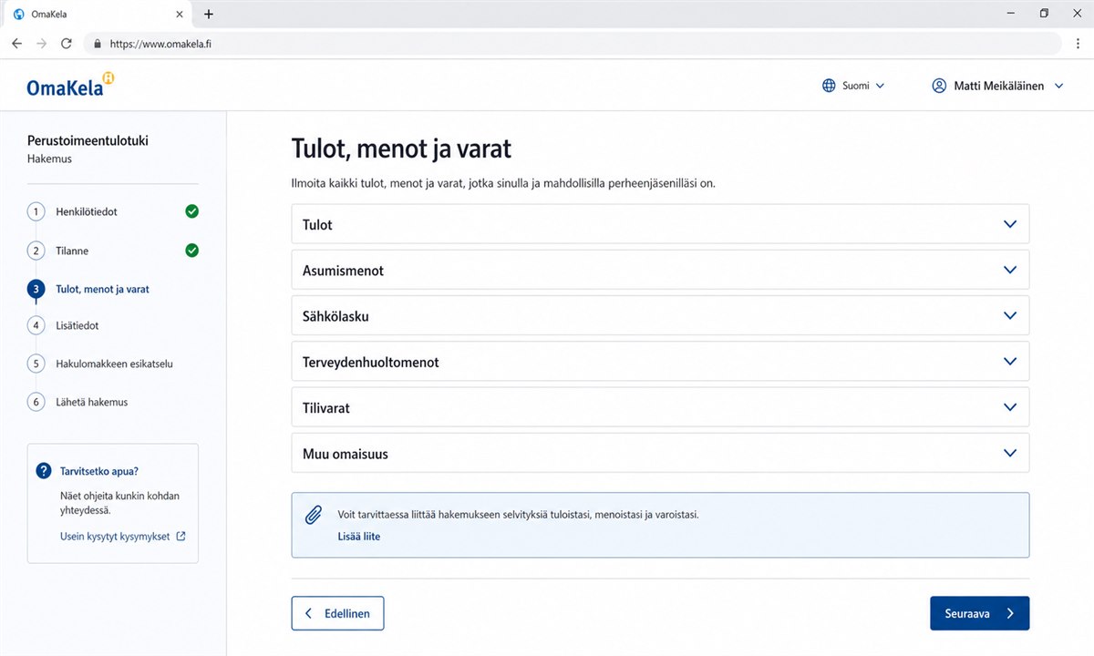 Toimeentulotuki tulot menot ja varat -osio