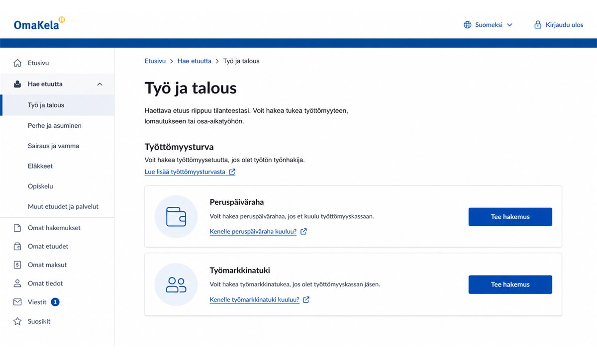 OmaKela Työ ja talous -valikko, jossa näkyy peruspäiväraha- ja työmarkkinatuki-vaihtoehdot
