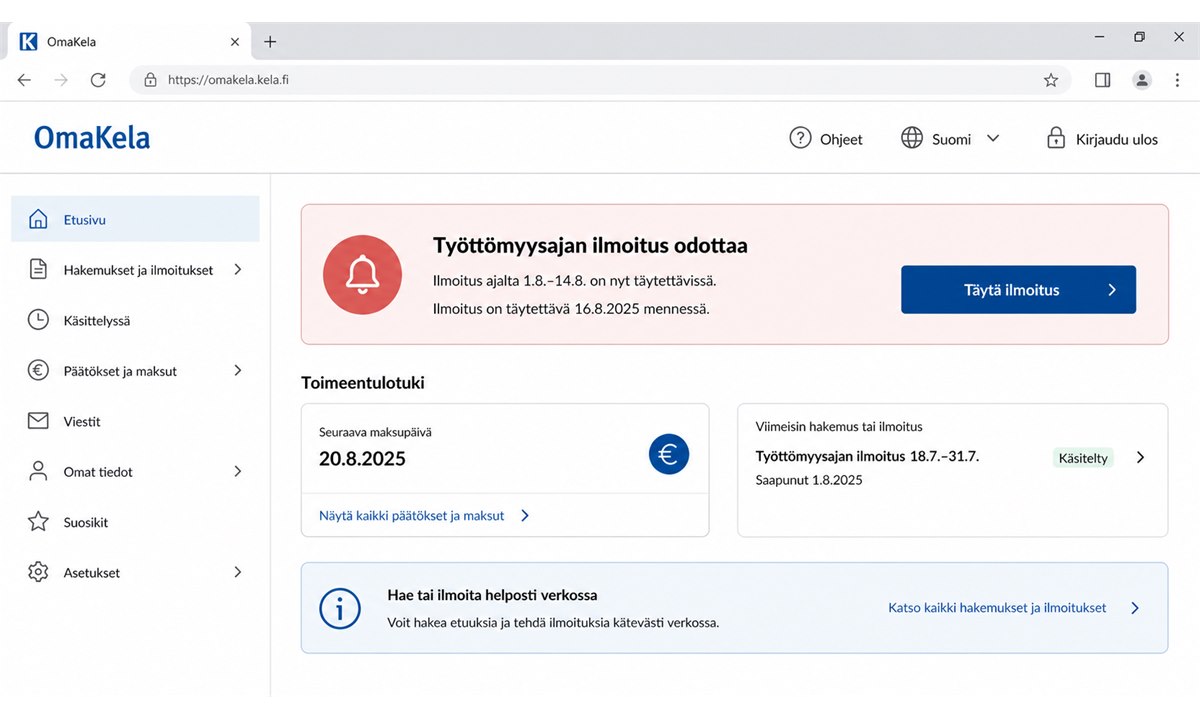 OmaKela etusivu, jossa näkyy muistutus avoimesta työttömyysajan ilmoitusjaksosta