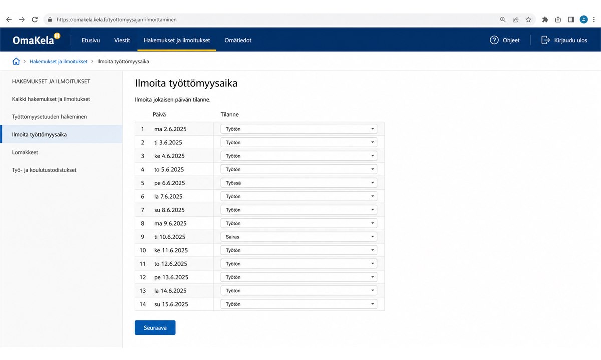 OmaKela-ilmoituslomake, jossa päivittäinen tilanne on merkitty kahdelle viikolle