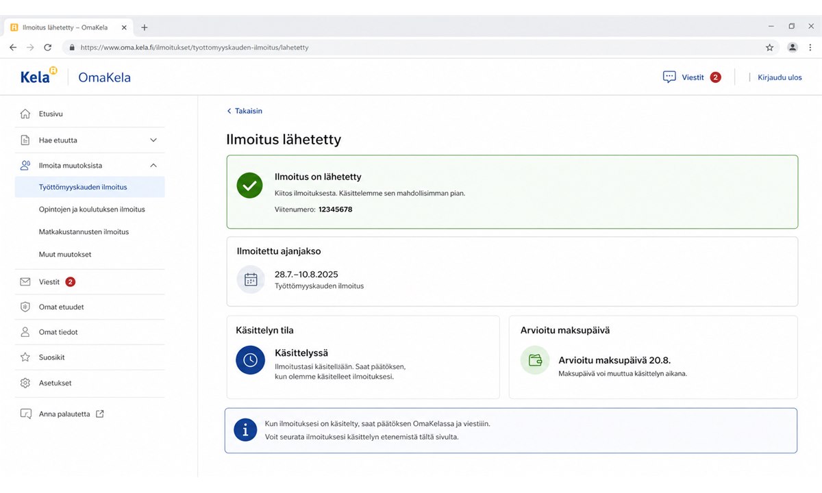 OmaKela-näkymä, jossa ilmoitus on lähetetty ja maksupäivä näkyy
