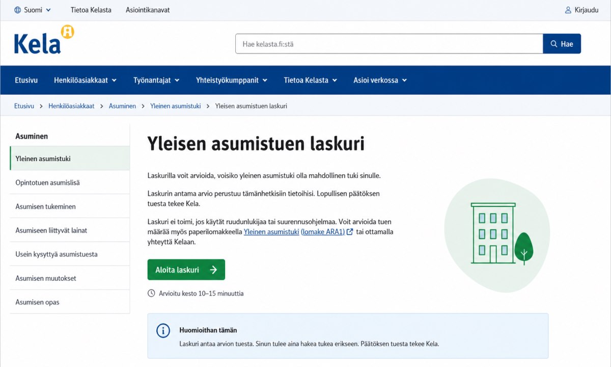 Kela yleinen asumistuki laskuri sivulla kela.fi