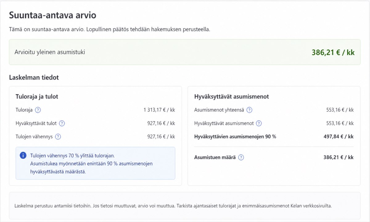 Yleinen asumistuki laskurin tulokset eriteltyinä