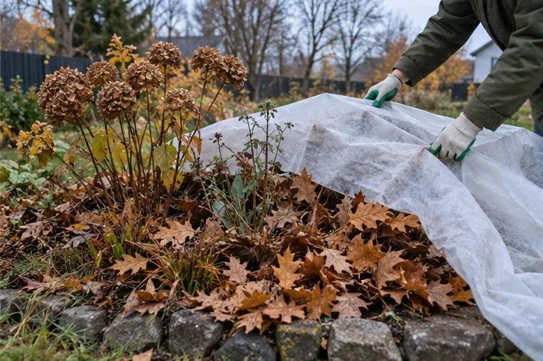 Rudens dārzā cilvēks pārklāj daudzgadīgo augu dobi ar baltu aizsargmateriālu; zemē redzamas sausas lapas un noziedējuši augi.