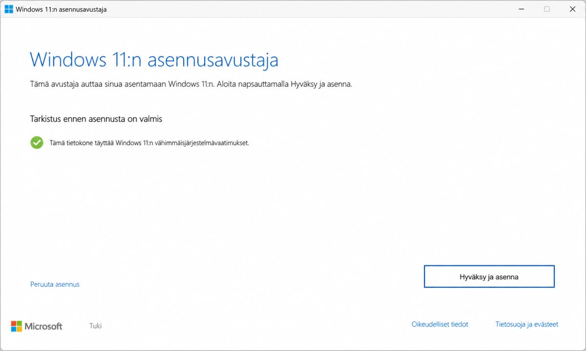 Windows 11 Installation Assistant lataus- ja asennusnäyttö