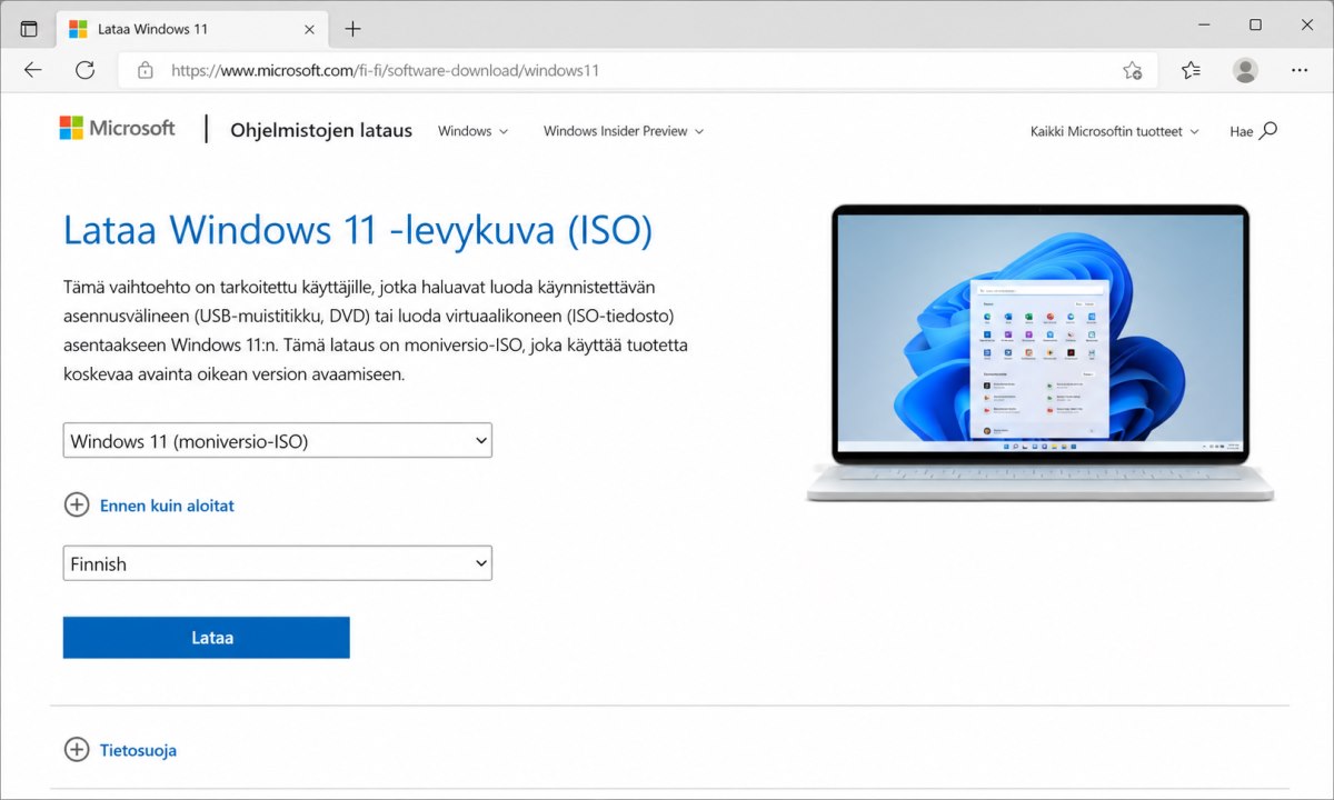 Windows 11 ISO-tiedoston lataaminen Microsoftin sivulta