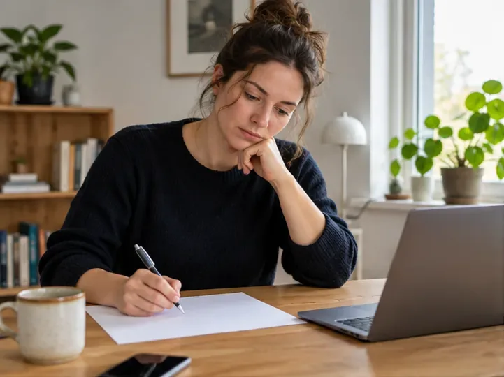 En person skriver sine egne stikord på et ark ved siden af en bærbar computer.