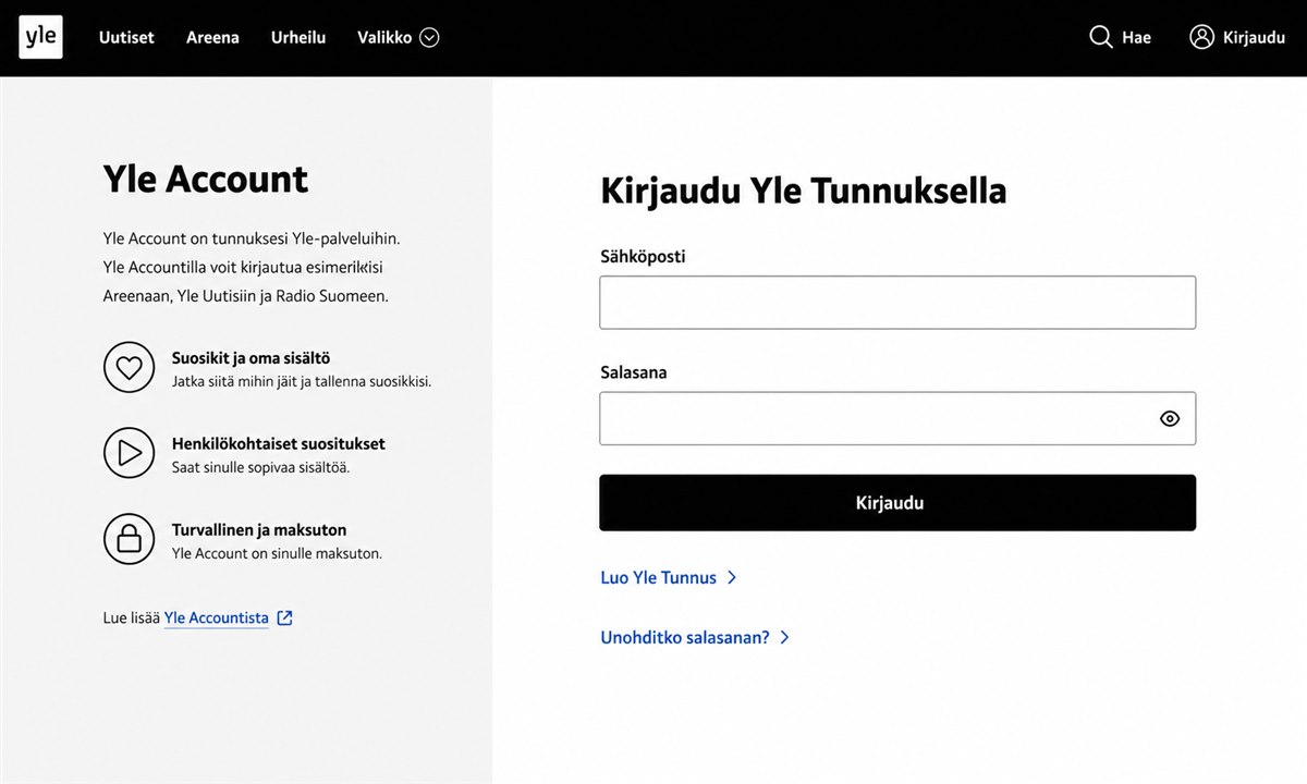 Yle Tunnus kirjautuminen Areena