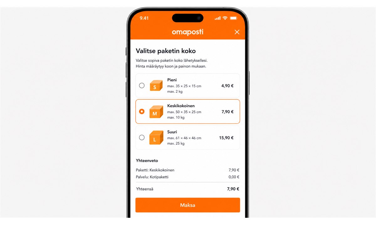 Paketin koon valinta ja maksaminen OmaPostissa