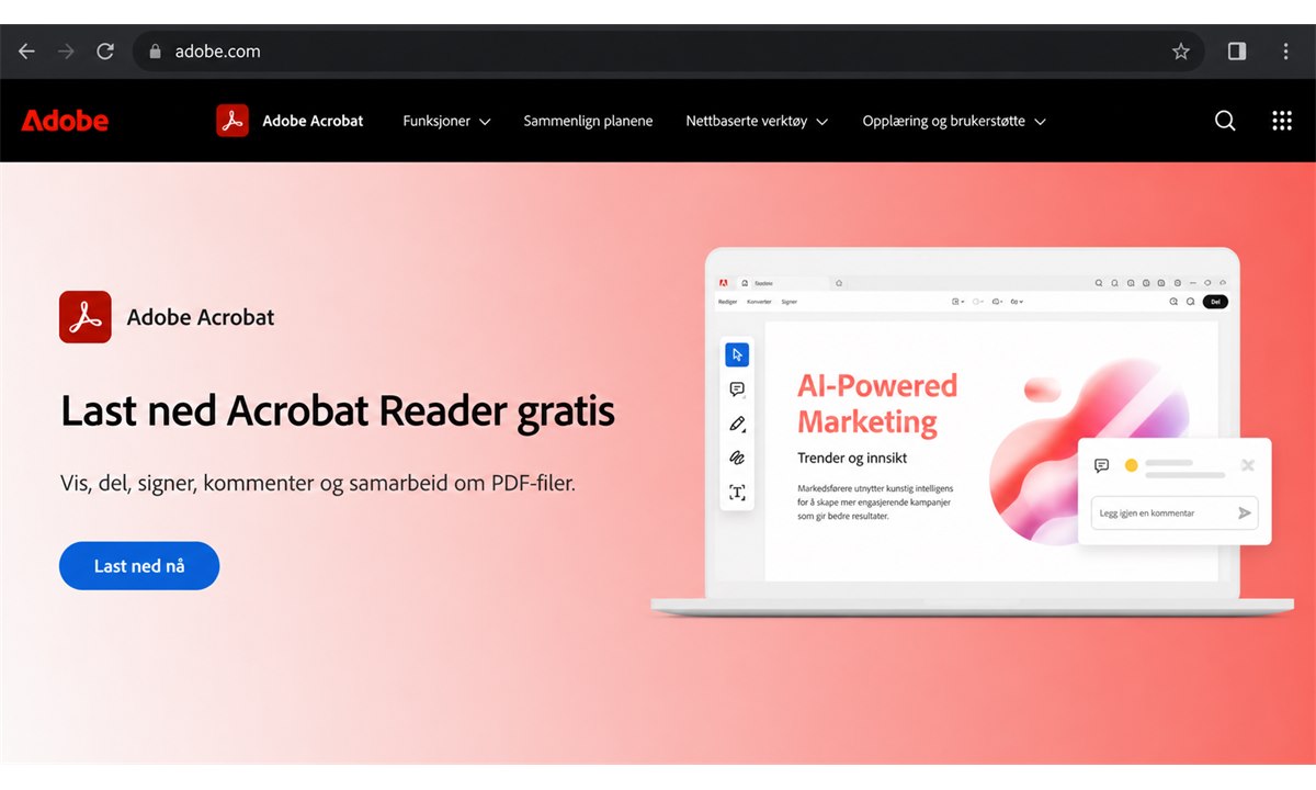 Skjermbilde av Adobe.com med Acrobat nedlastingsside