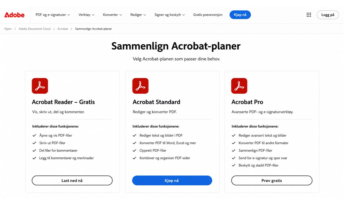 Adobe Acrobat versjonsoversikt med nedlastingsknapper