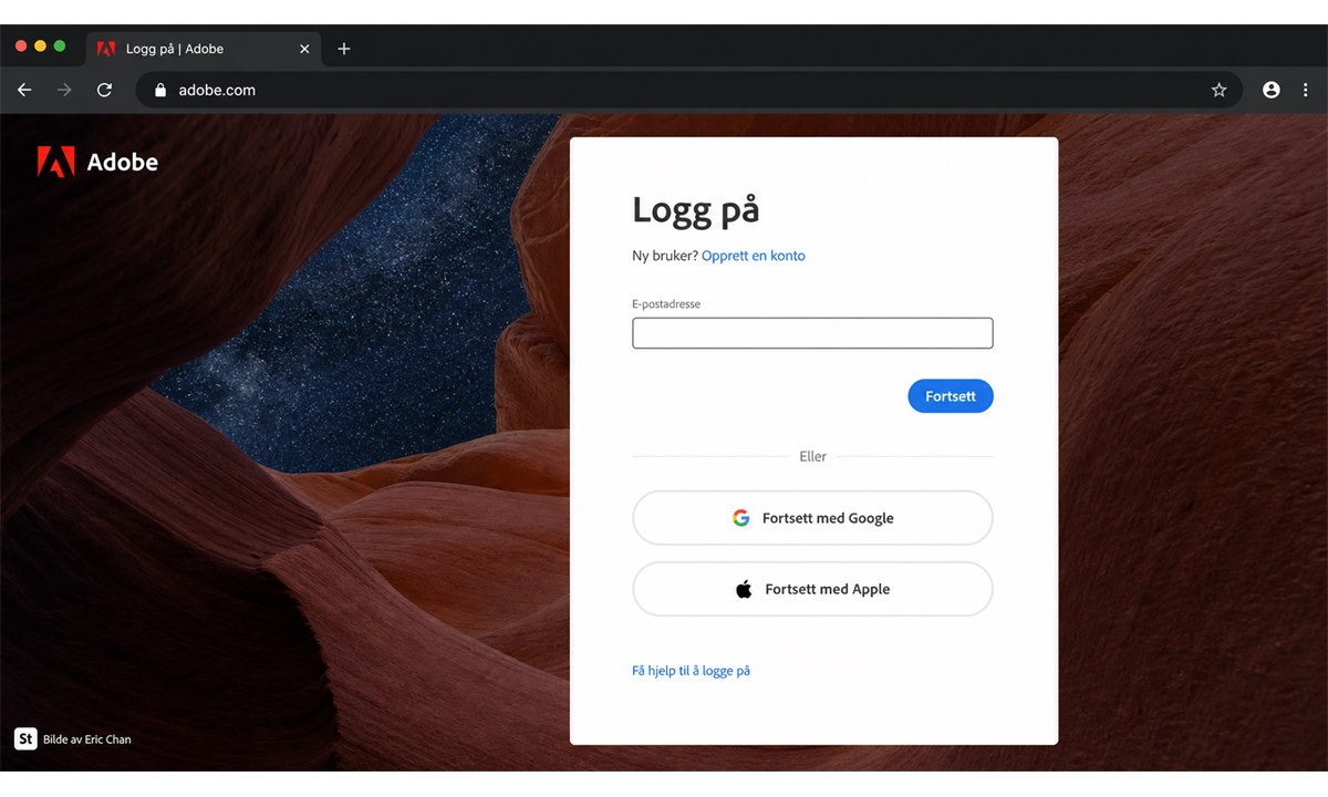 Adobe innloggingsskjerm med e-post og passord felt