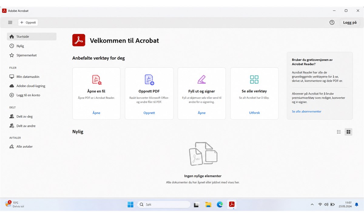 Adobe Acrobat åpent med velkomstskjerm og lisensaktivering