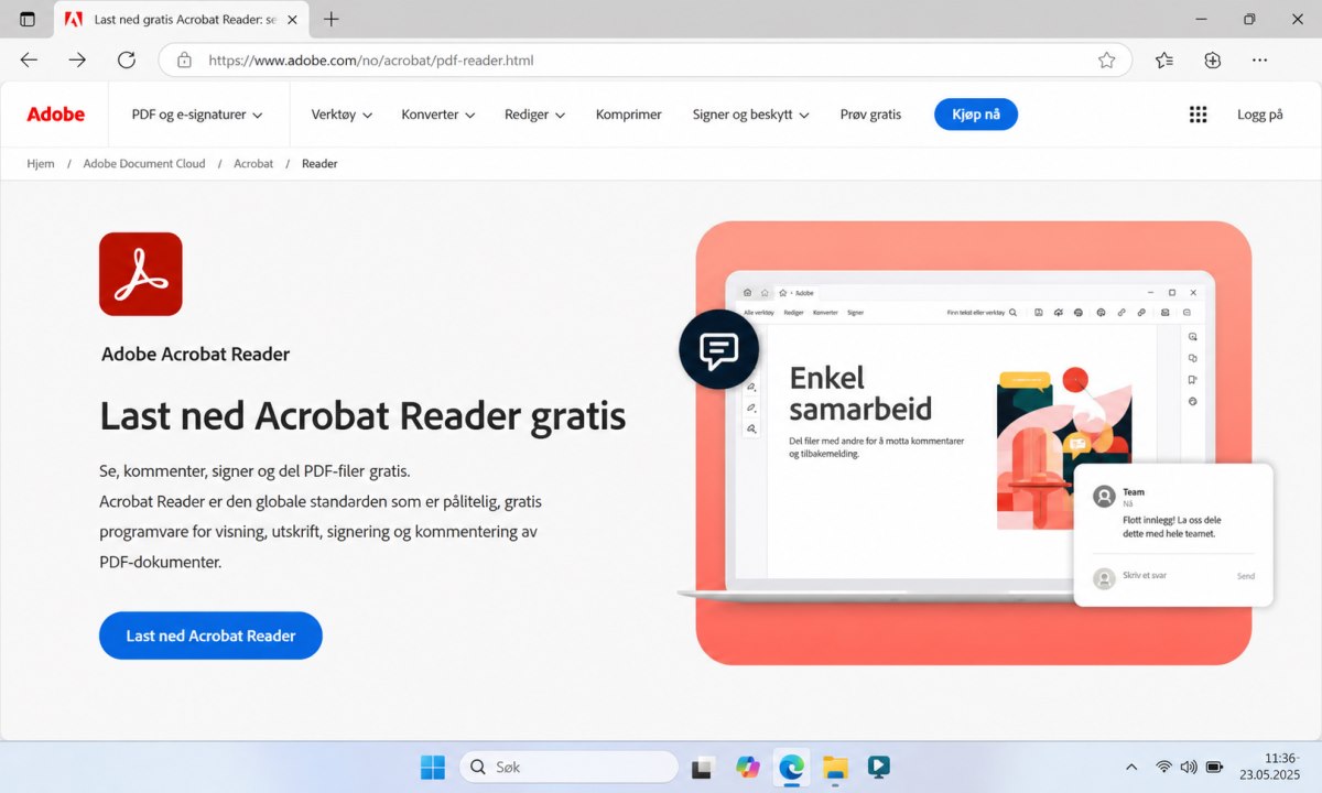 Nettleser som viser Adobe Reader nedlastingsside på get.adobe.com