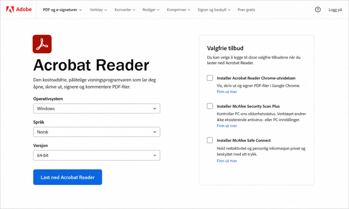 Adobe Reader nedlastingsvalg med OS og språkinnstillinger