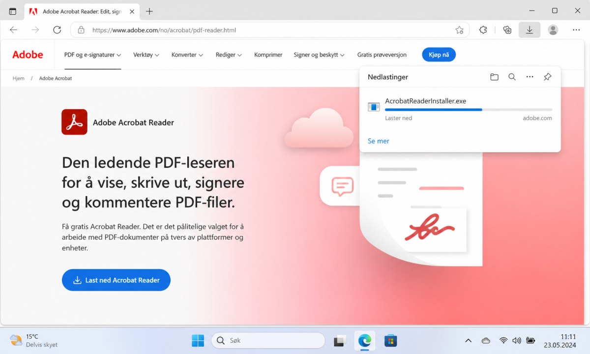 Nedlastingsfremdrift for Adobe Reader i nettleser