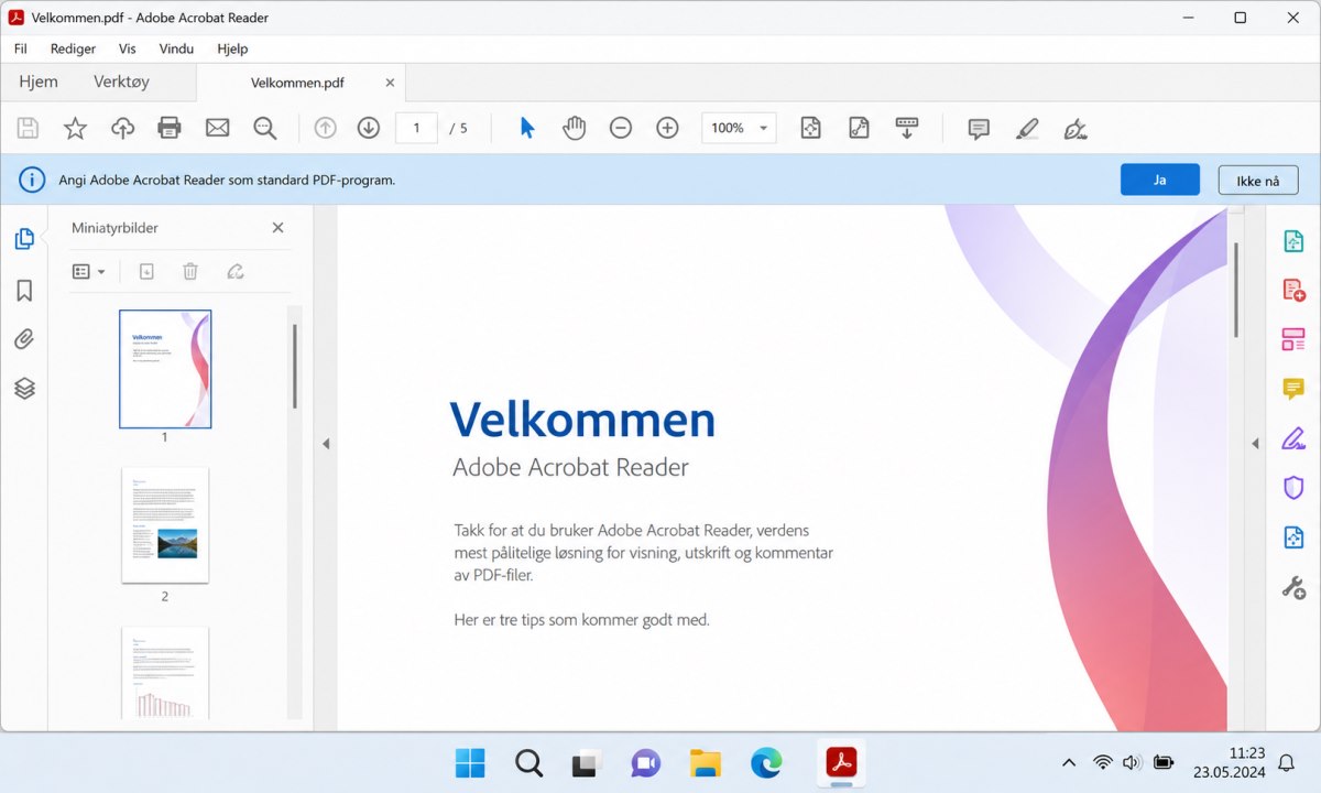 Adobe Reader med åpen PDF-fil og verktøylinje synlig
