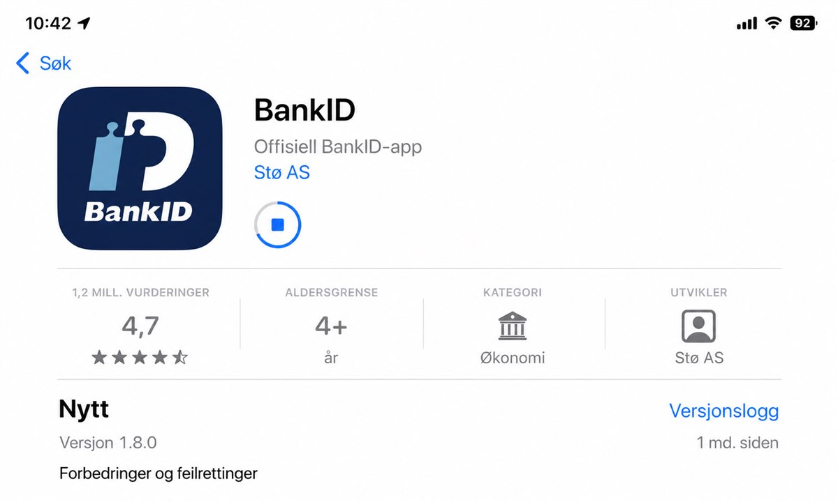 Nedlasting av BankID-appen med fremdriftslinje og bekreftelse