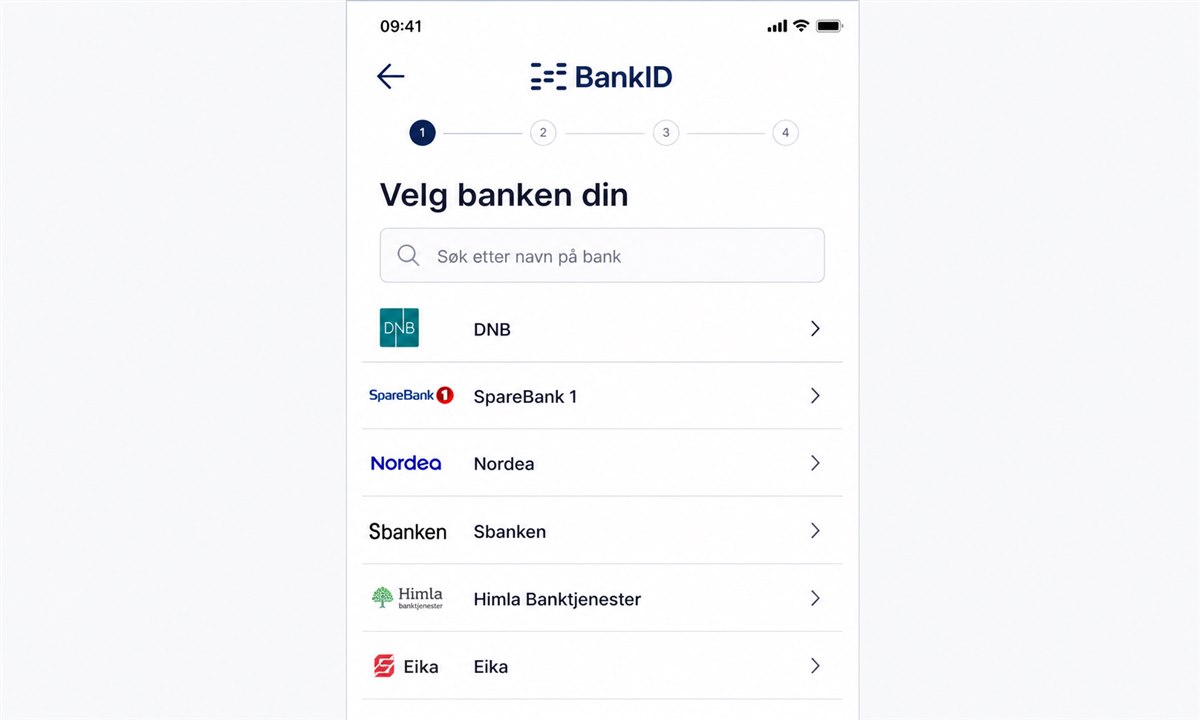 Bankliste i BankID-appen for valg av tilknyttet bank