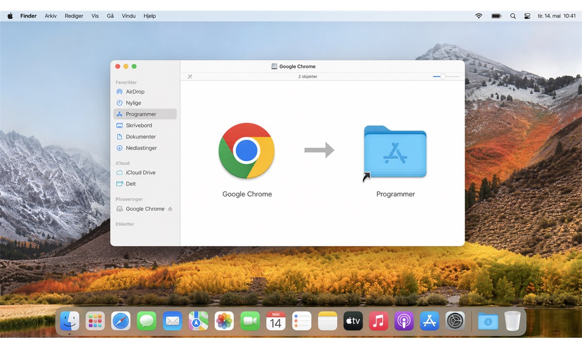 Installere Google Chrome på macOS ved å dra til Applications