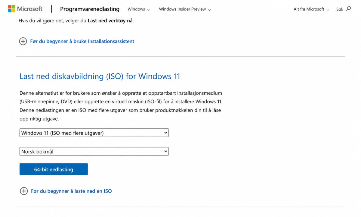 Nedlasting av Windows 11 ISO-fil fra Microsofts nettsted