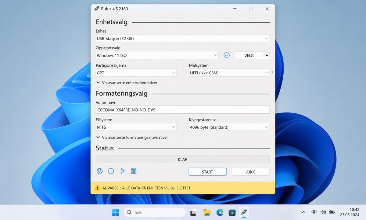 Opprette oppstartbar Windows 11 USB med Rufus