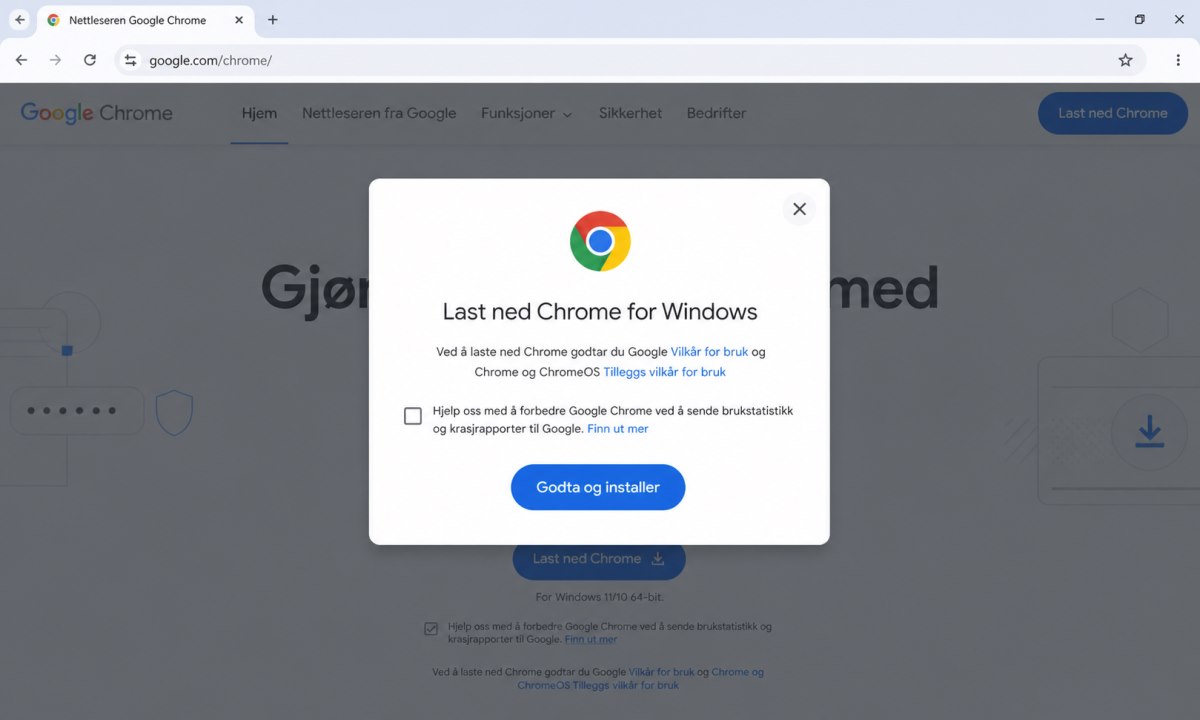 Dialogboks for å godta vilkår og laste ned Chrome