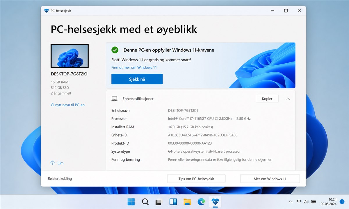 Microsoft PC Health Check verktøy kjøres med grønn godkjenning