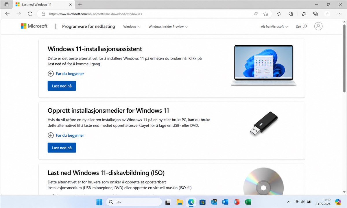 Windows 11 nedlastingsside med Installation Assistant knapp