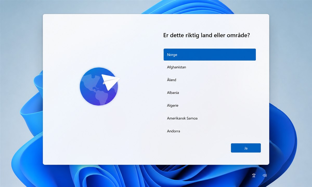 Windows 11 oppsettprosess med språkvalg og Microsoft-kontopålogging
