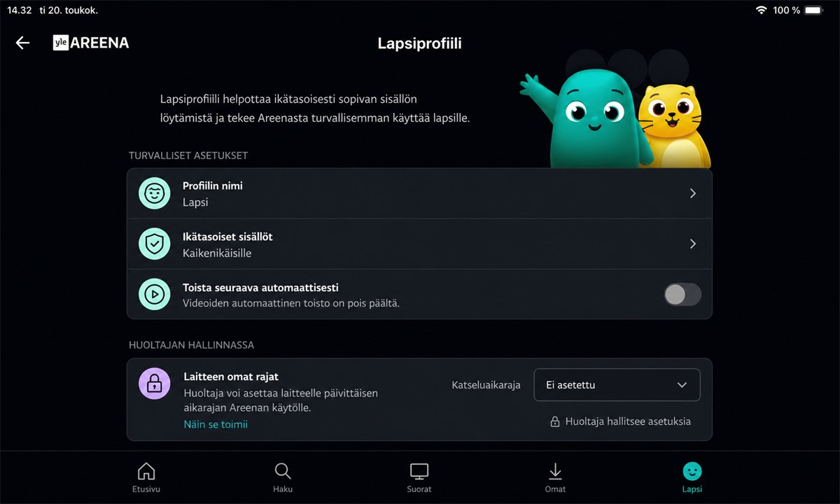 Yle Areena lapsiprofiili aikarajoitus