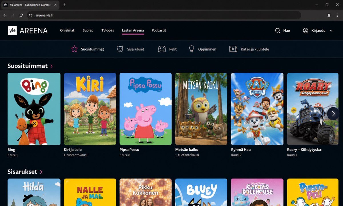 Yle Areena etusivu ja Lasten Areena -osion avaaminen selaimessa