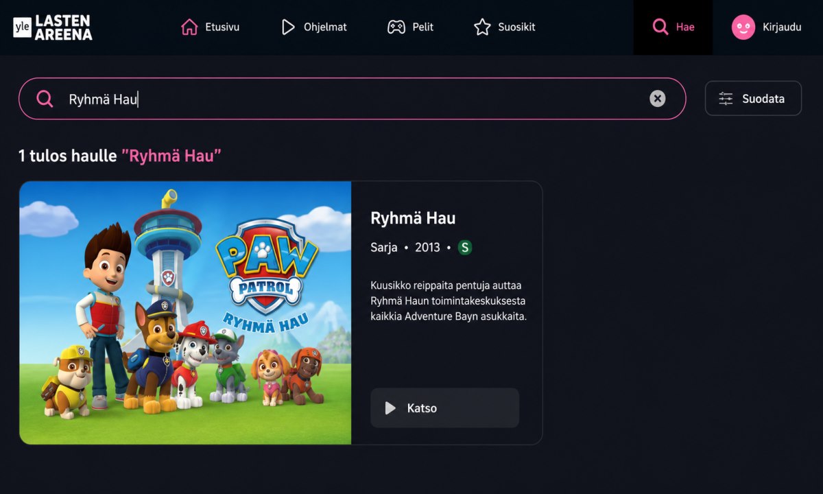 Ryhmä Hau haku Lasten Areenalla hakukenttään kirjoittaminen