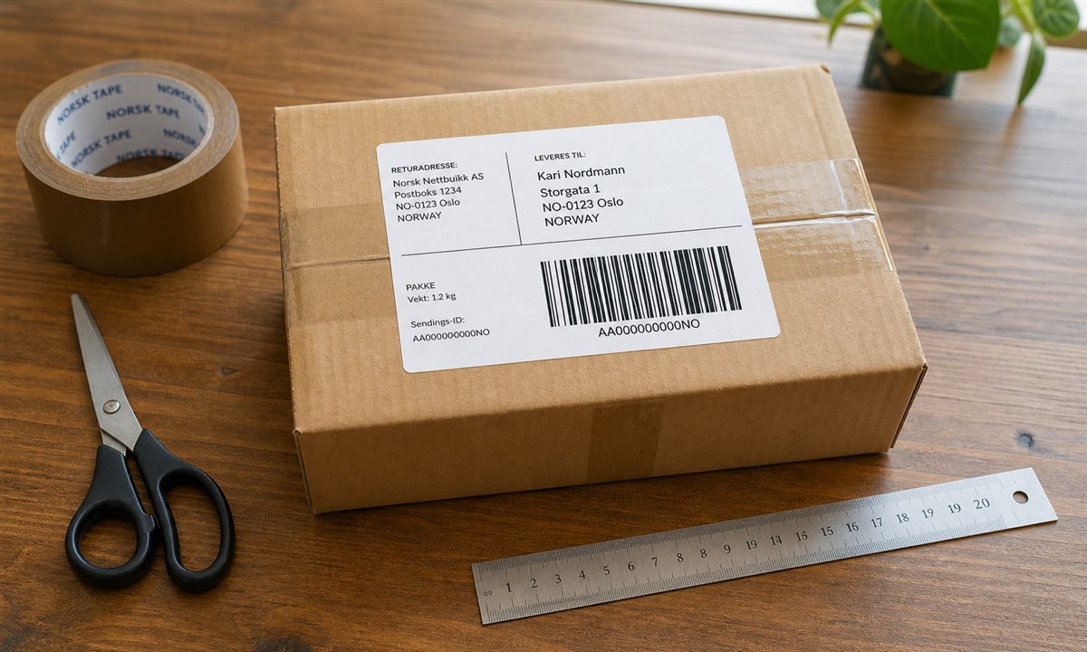 Korrekt pakket og merket pakke med mottaker- og avsenderadresse synlig