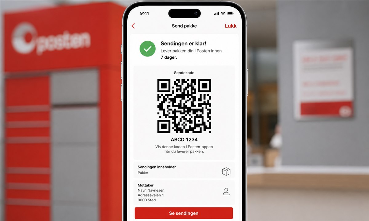Posten-appen åpen med forsendelsesopprettelse og QR-kode på mobilskjerm