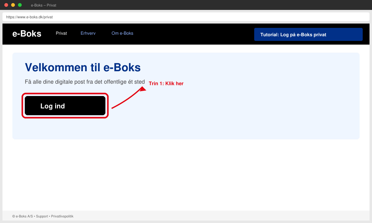 e-Boks hjemmeside med Log ind-knap fremhævet