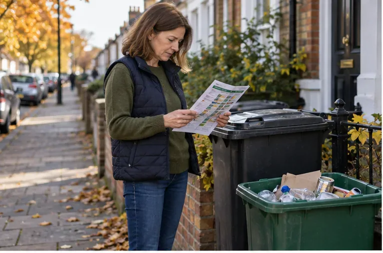 A resident checks a paper council collection calendar beside household recycling and rubbish bins outside a London terraced home.