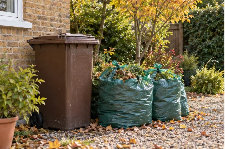 A closed brown garden-waste wheelie bin and tied green waste sacks stand beside a London garden covered with autumn leaves.