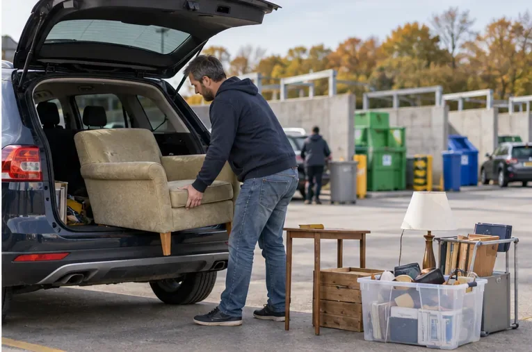 A resident loads a used armchair into a car at a clean household reuse and recycling center with waste bays in the background.