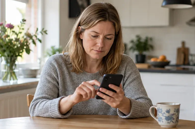 En kvinde gennemgår beskeder på sin smartphone ved køkkenbordet