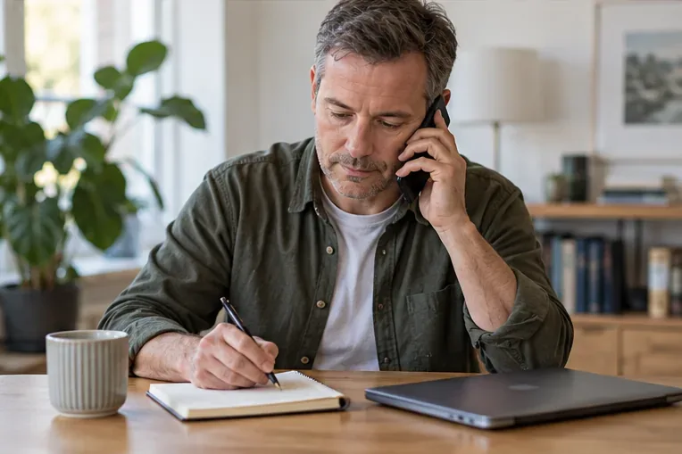 En mand taler i telefon og noterer oplysninger i en notesbog ved sin computer